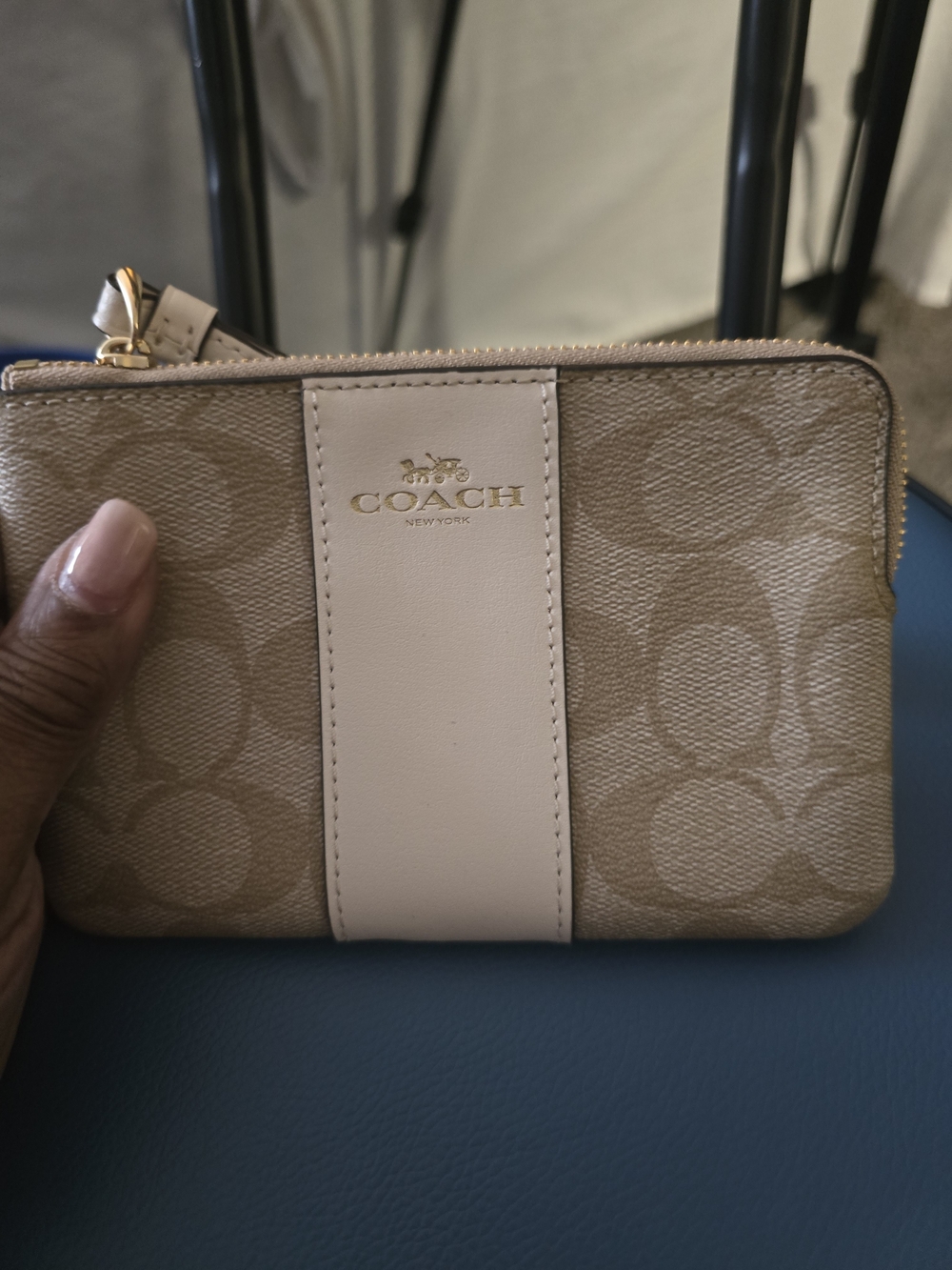 Coach Small Zip Wristlet in Tan and Cream Signature Canvas
